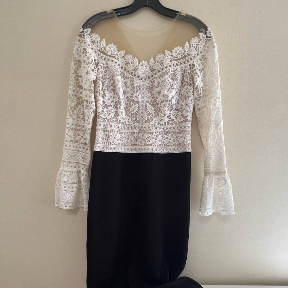 Tadashi Shoji Elegant Lace Long Sleeve Dress in Black and Cream - Picture 2 of 10